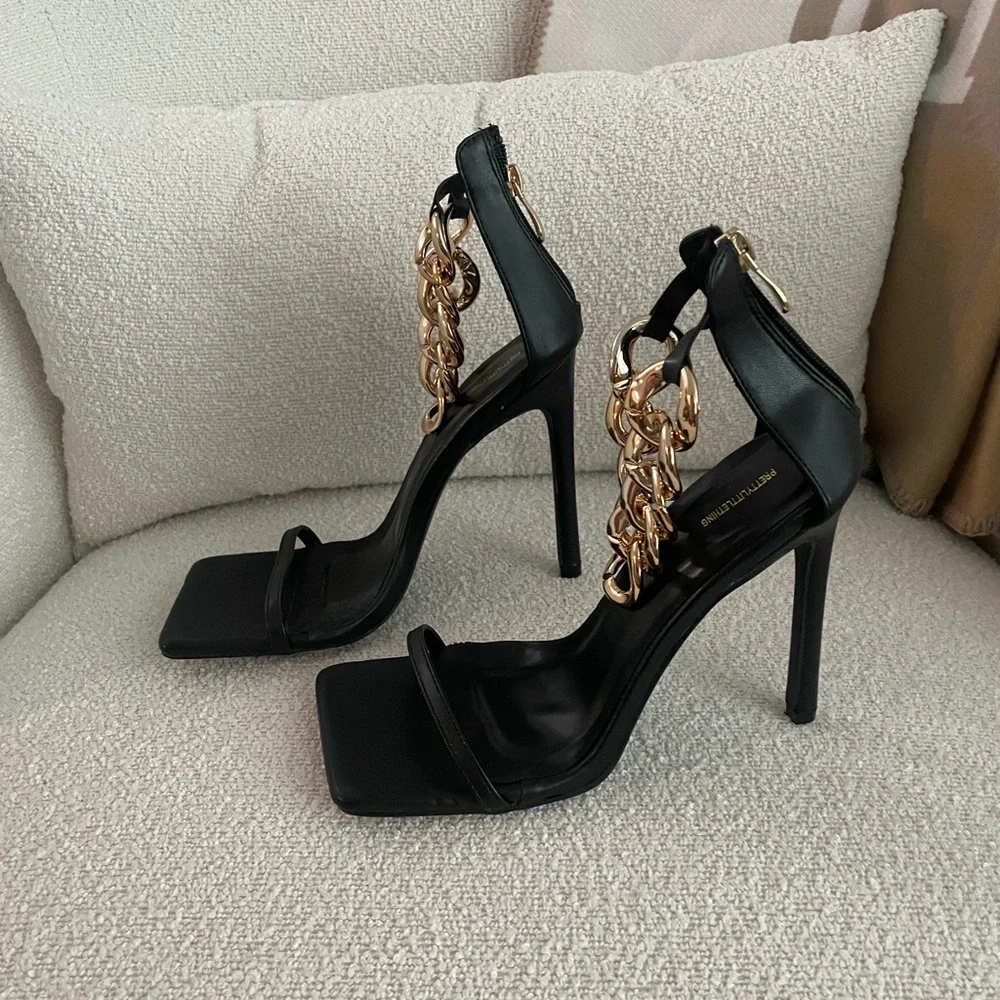 Gold Chunky Ankle Strap High Heels - Picture 3 of 16
